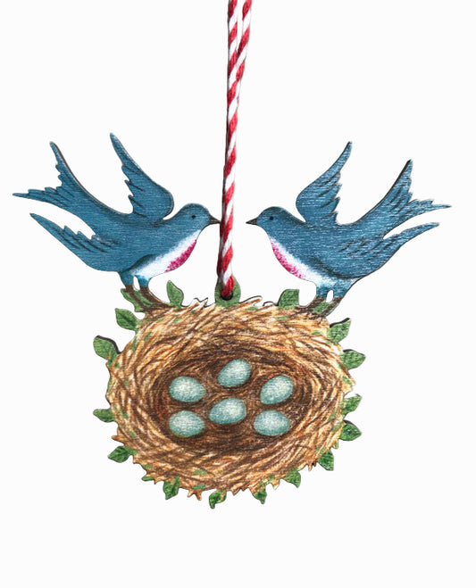 Blue Birds and Nest Wooden Hanging Decoration