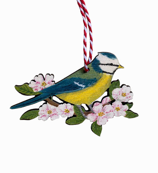 Blue Tit in Apple Blossom Wooden Hanging Decoration