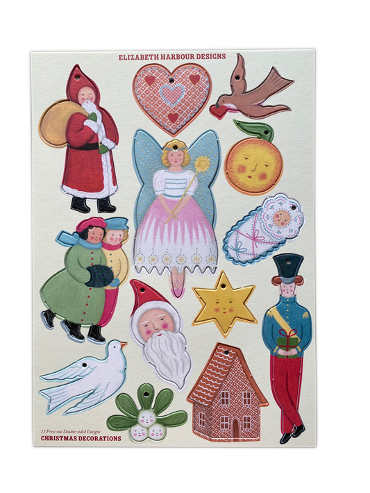 Set of 13 Die-Cut card, Press-out Christmas Decorations by Elizabeth Harbour