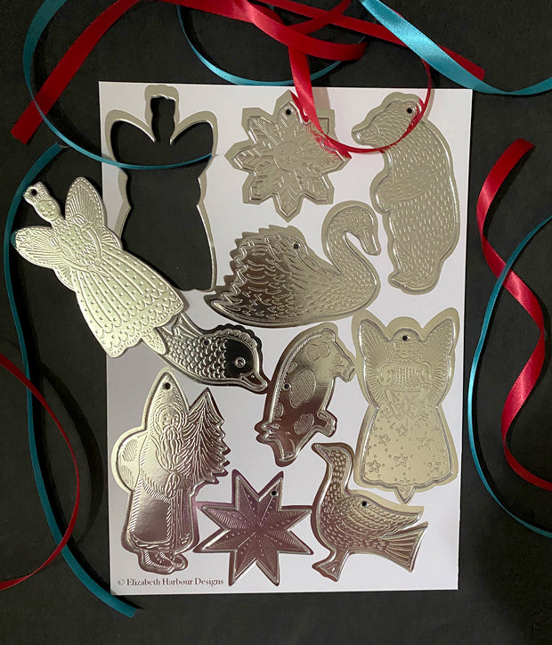 Ten Embossed & Foiled Pop-Out Double-Sided Card, Christmas Decorations with Ribbons by Elizabeth Harbour