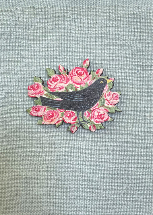Lapel Pin-Brooch Blackbird In Roses