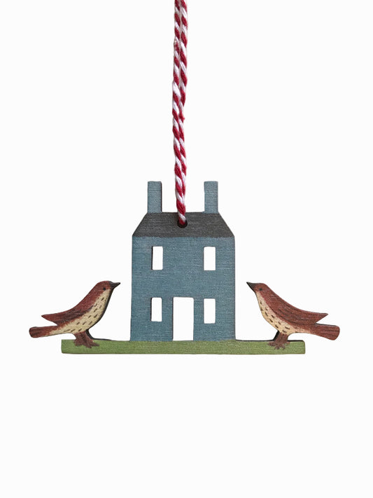 Blue House with Birds Wooden Hanging Decoration