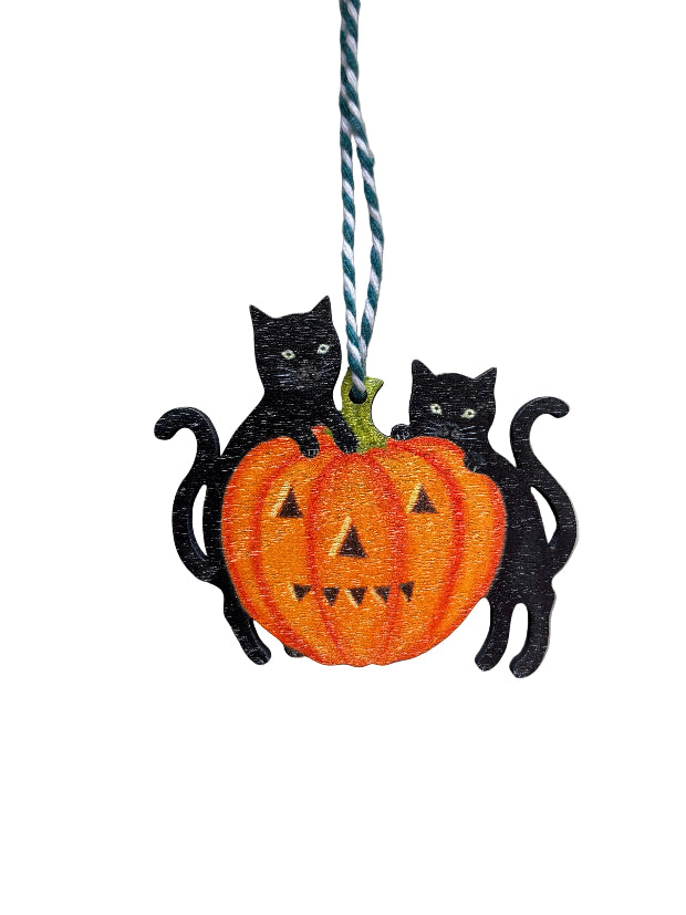 Pumpkin Cats Wooden Hanging Decoration