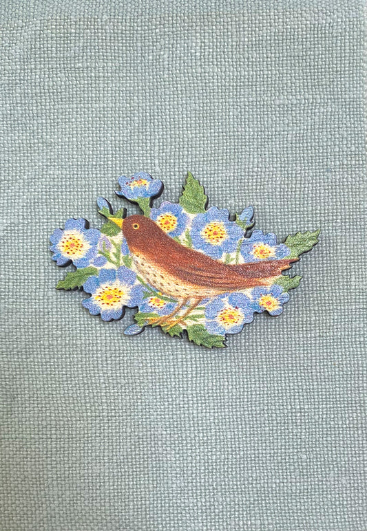Lapel Pin-Brooch Songthrush In Flowers