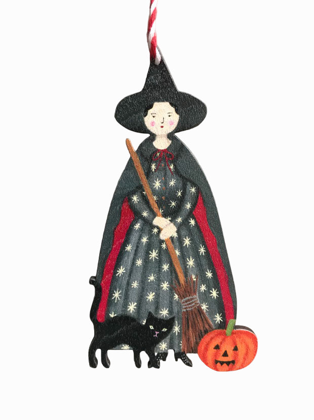 Witch Cat and Pumpkin Wooden Hanging Decoration