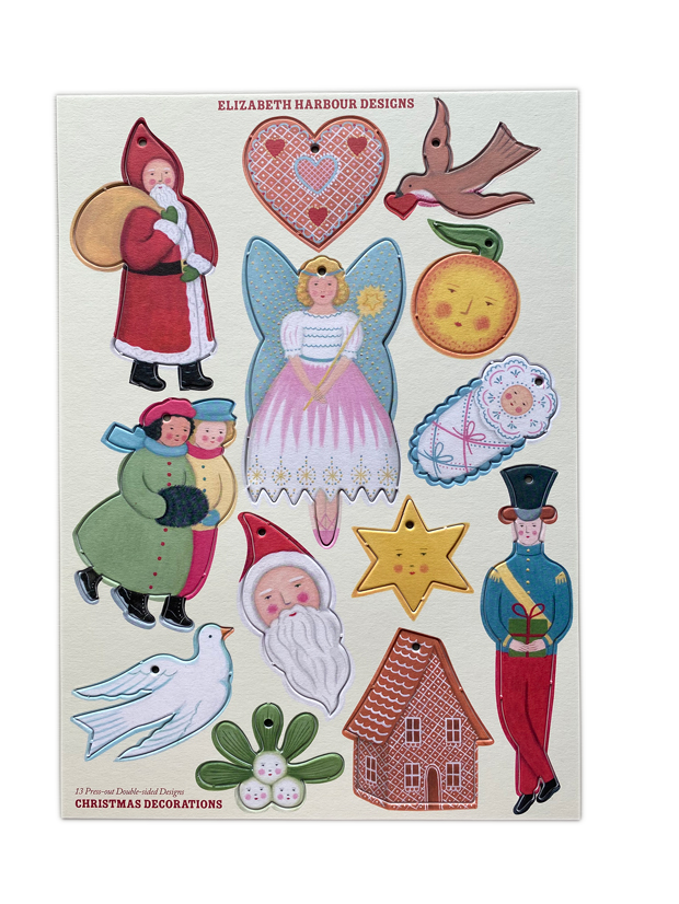 Set of 13 Die-Cut card, Press-out Christmas Decorations by Elizabeth Harbour