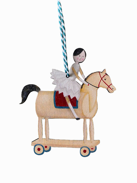 Peg Doll on a Toy Horse Wooden Hanging Decoration