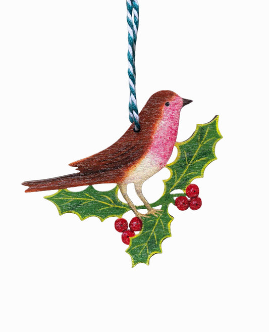 Holly Robin Wooden Hanging Decoration