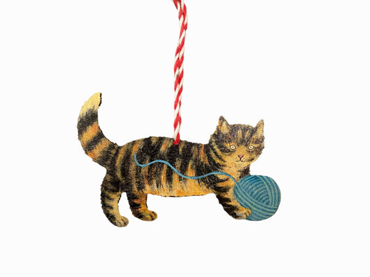 Kitten with Wool Ball Wooden Hanging Decoration