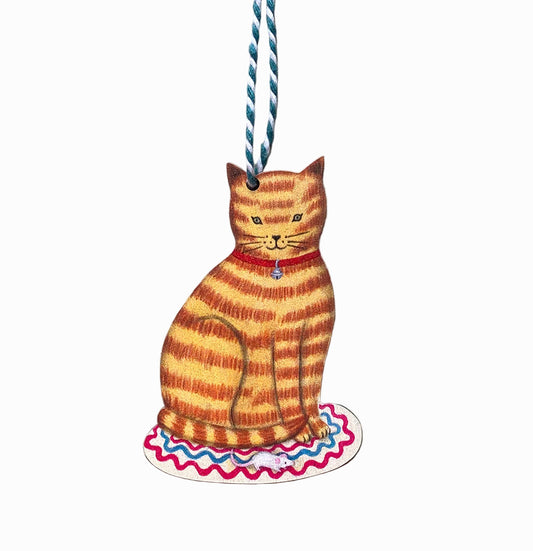 Stripey Cat and Mouse Wooden Hanging Decoration
