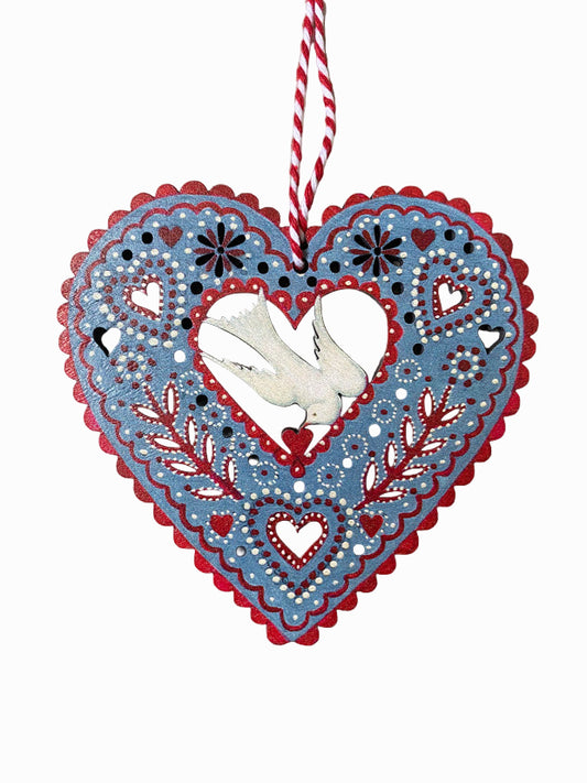 Folk Heart Wooden Hanging Decoration