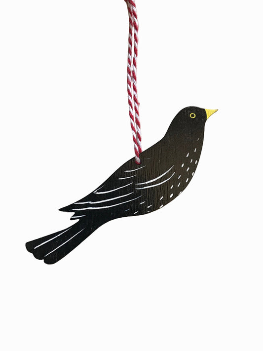 Perched Blackbird Wooden Hanging Decoration