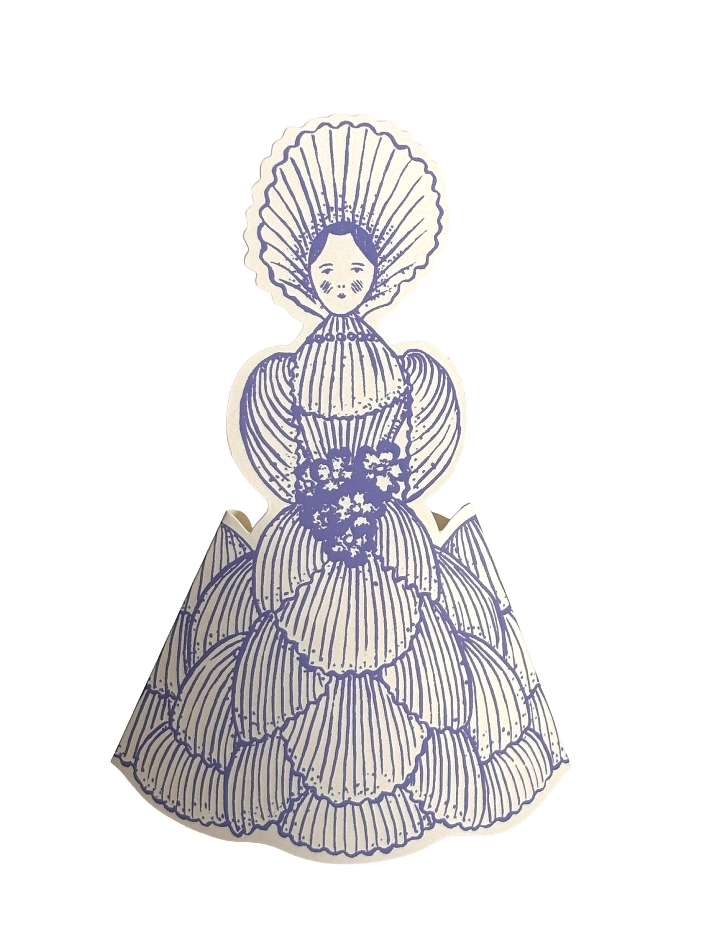 A vintage-style paper cutout illustration of a woman in a voluminous dress, rendered in blue ink lines on an off-white background, isolated on a white backdrop.