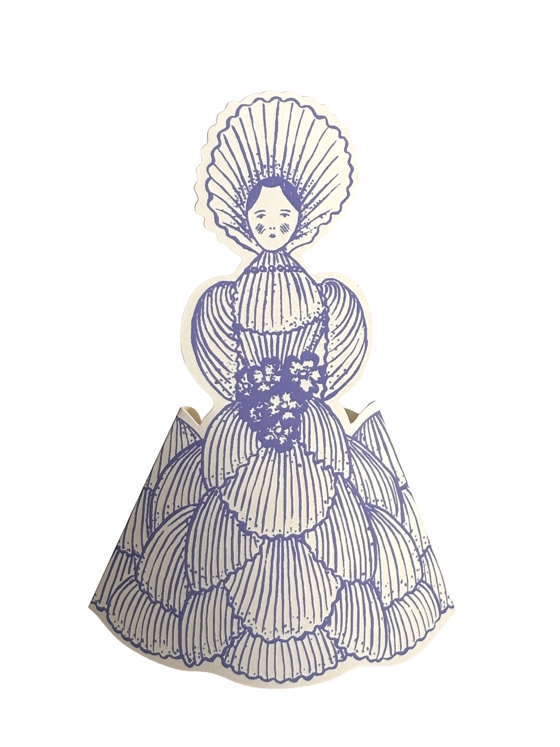 A vintage-style paper cutout illustration of a woman in a voluminous dress, rendered in blue ink lines on an off-white background, isolated on a white backdrop.