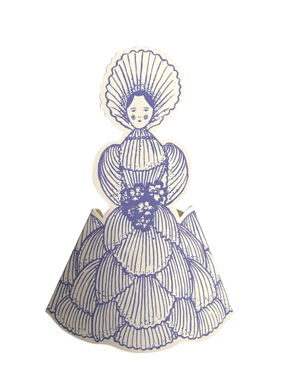 A vintage-style paper cutout illustration of a woman in a voluminous dress, rendered in blue ink lines on an off-white background, isolated on a white backdrop.